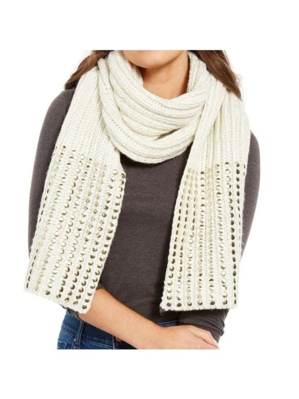 DKNY Flat-Stud Metallic Rib-Knit Scarf, Ivory/Gold